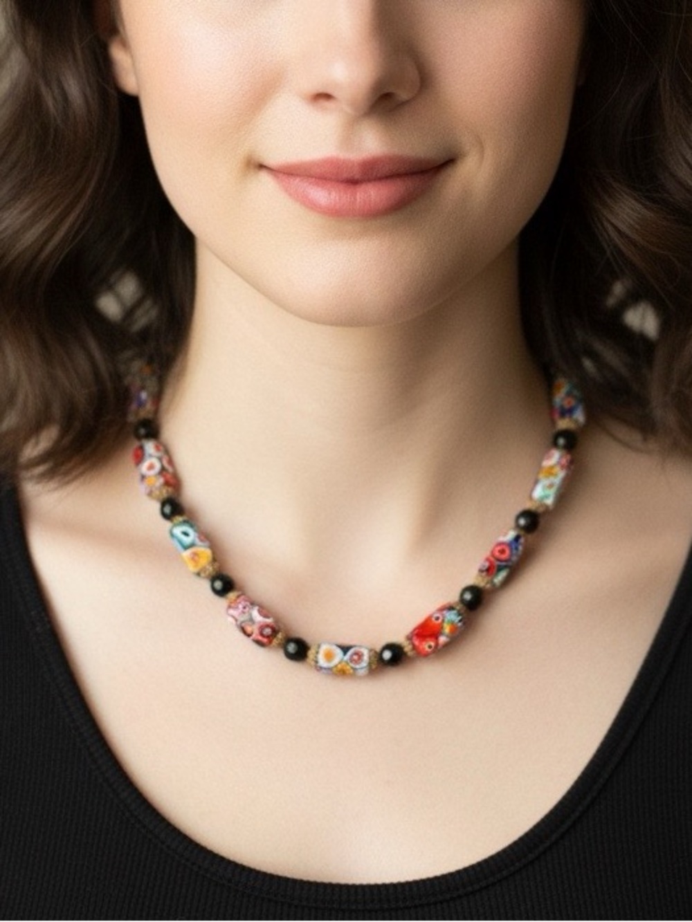 Vintage Multicolor Venetian Millefiori Bead Necklace